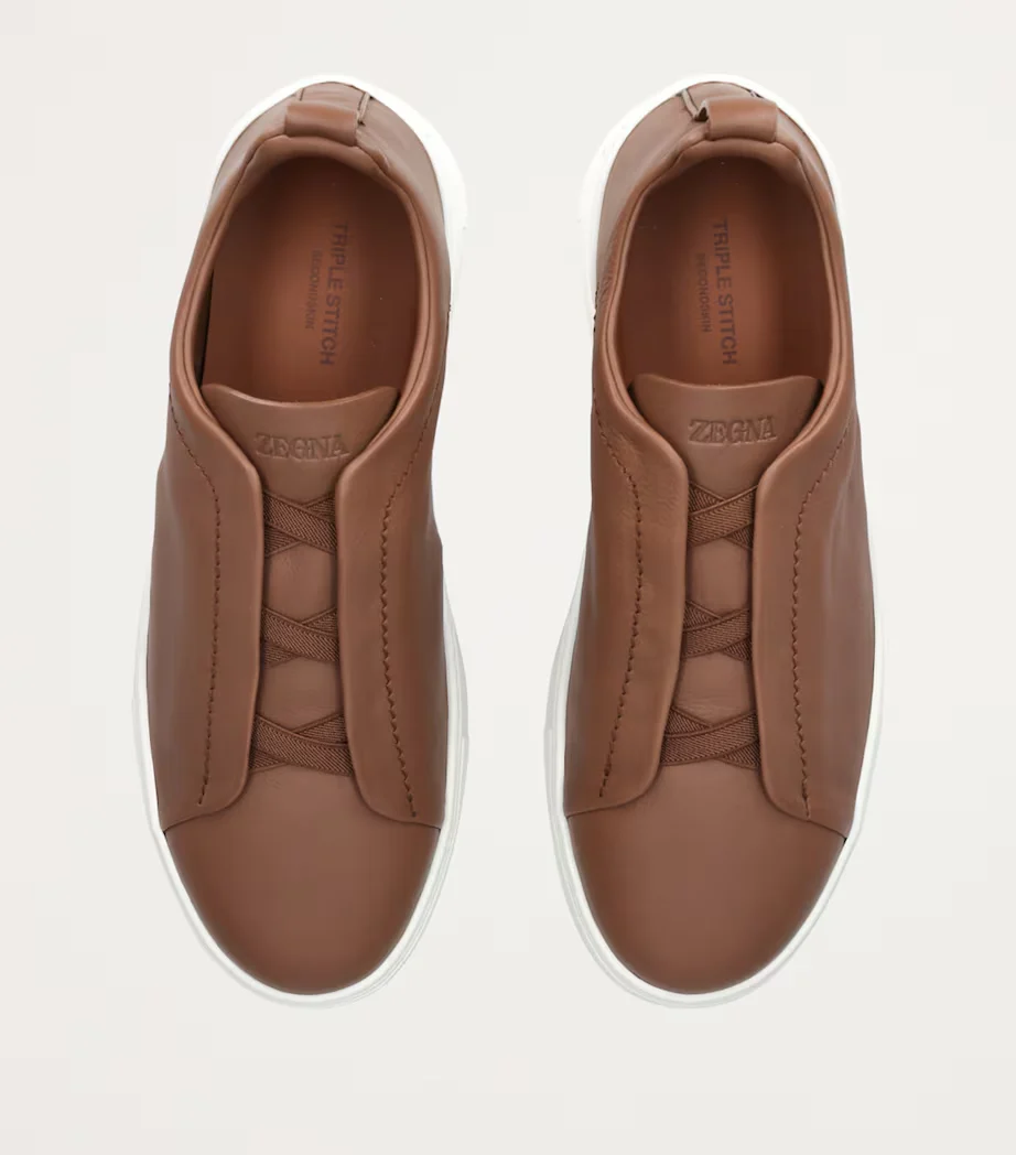 Zegna Triple Stitch Brown Leather Sneakers