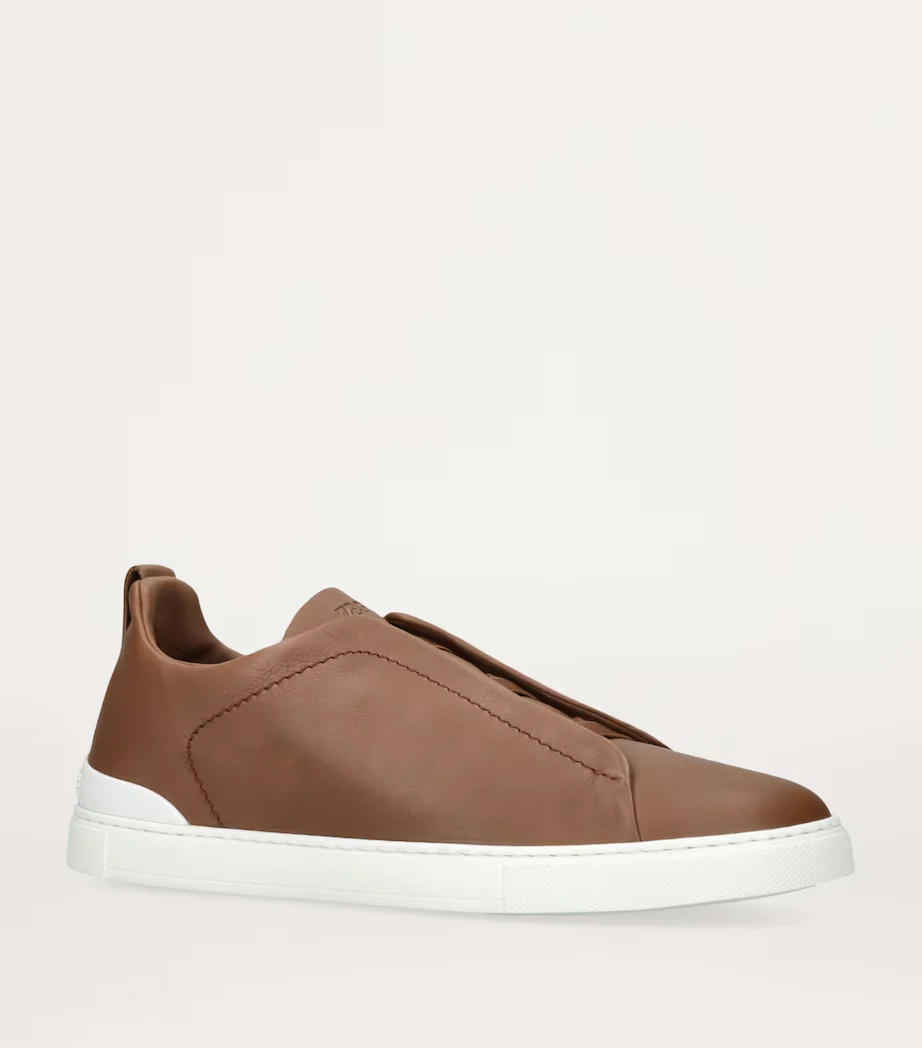Zegna Triple Stitch Brown Leather Sneakers