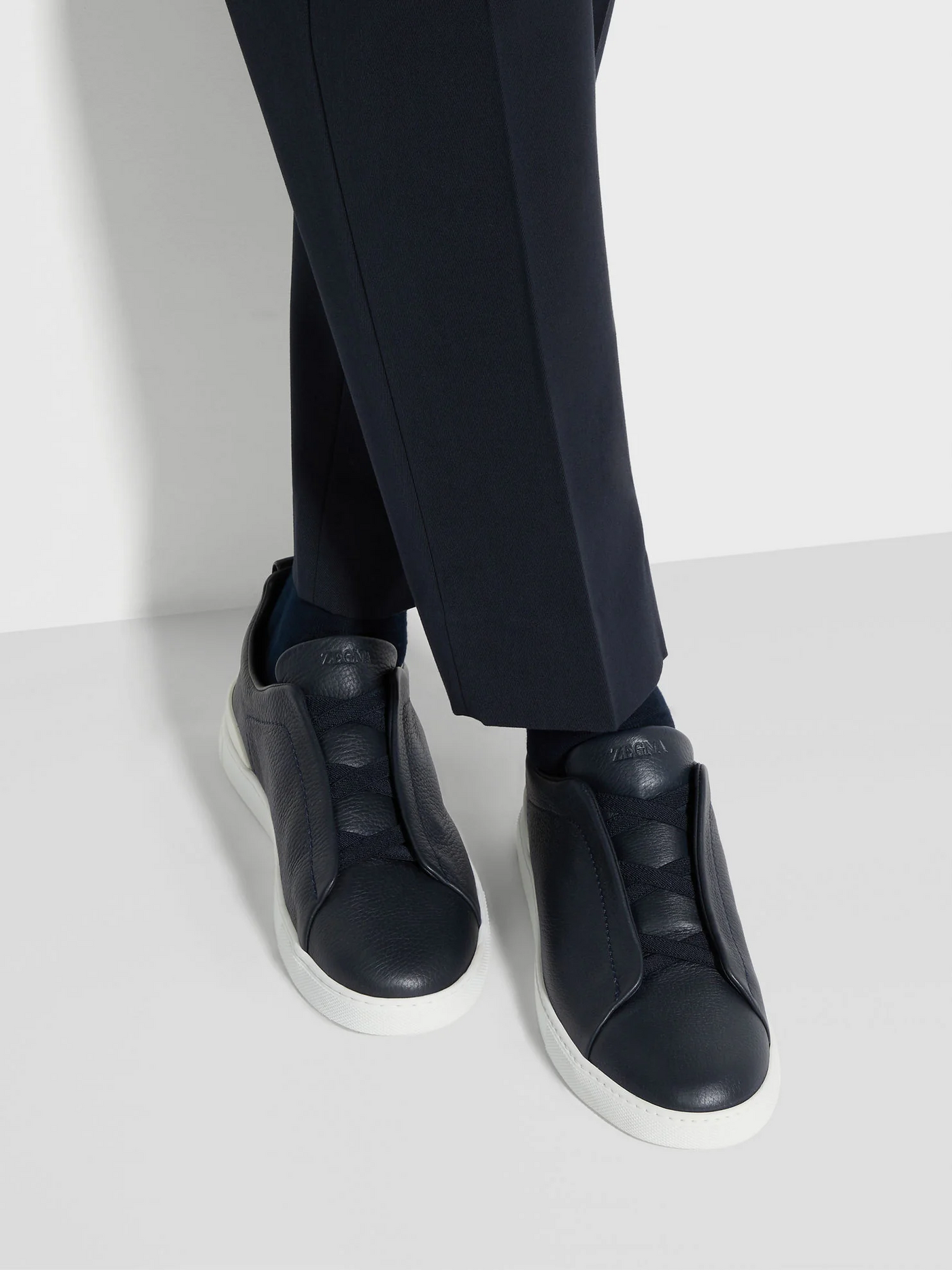 Zegna Triple Stitch Navy Blue Leather Sneakers