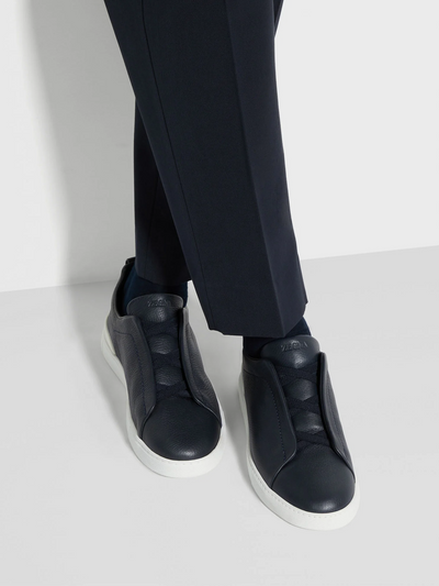 Zegna Triple Stitch Navy Blue Leather Sneakers