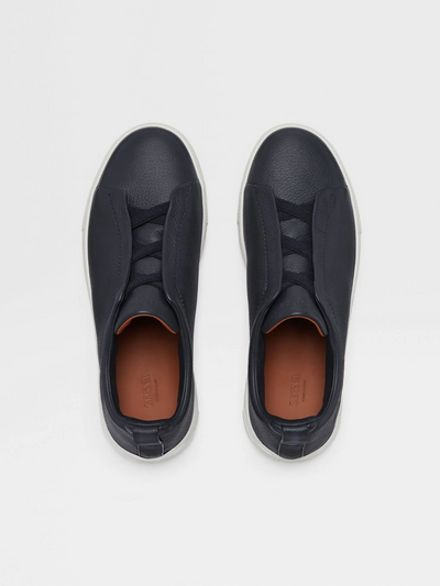 Zegna Triple Stitch Navy Blue Leather Sneakers