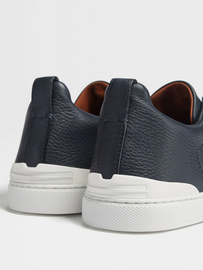 Zegna Triple Stitch Navy Blue Leather Sneakers