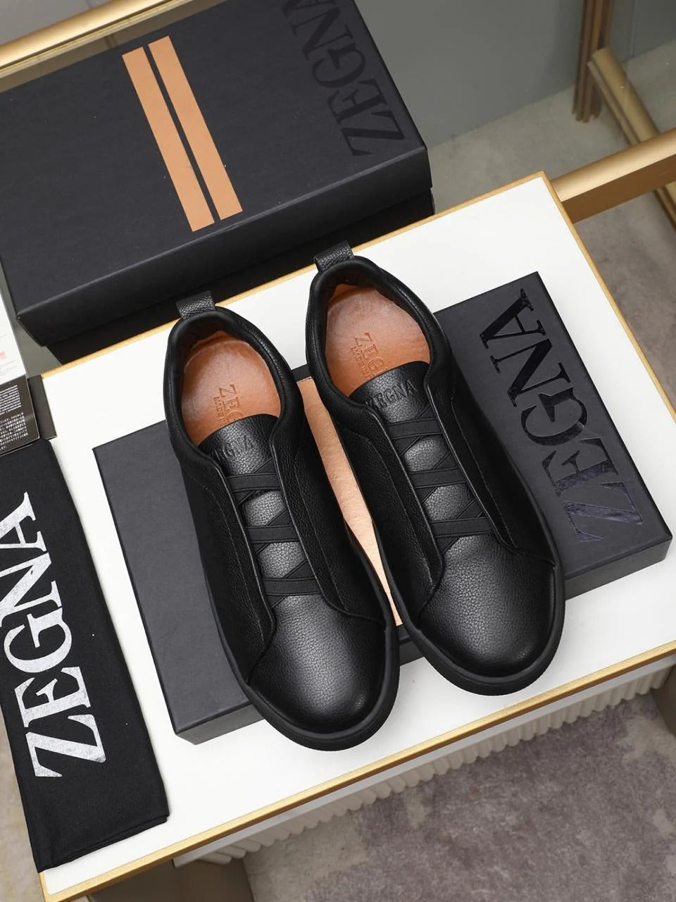 Zegna Triple Stitch Black Leather Sneakers