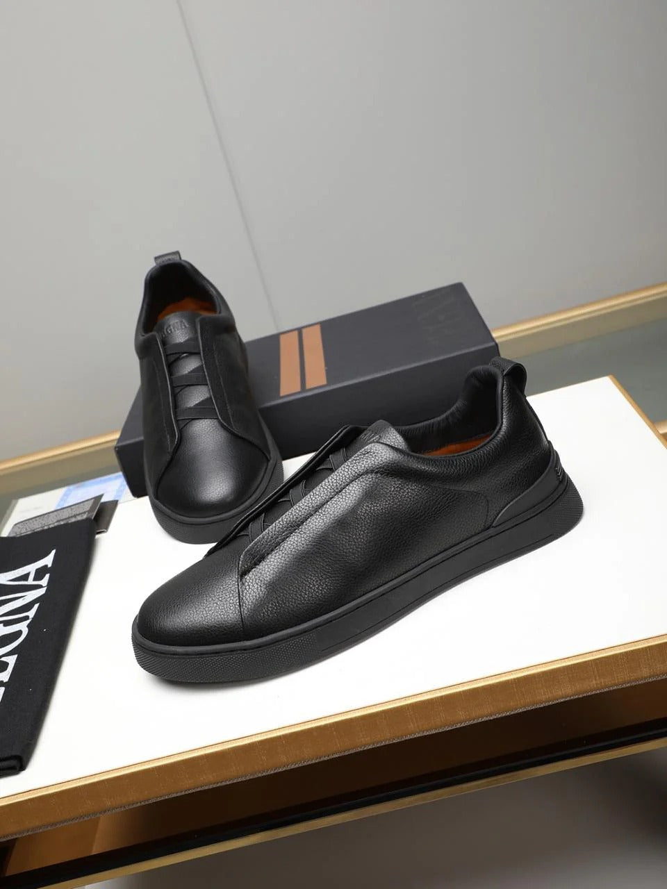 Zegna Triple Stitch Black Leather Sneakers