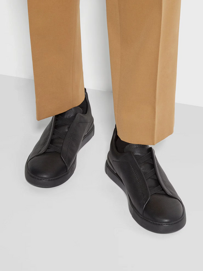 Zegna Triple Stitch Black Leather Sneakers