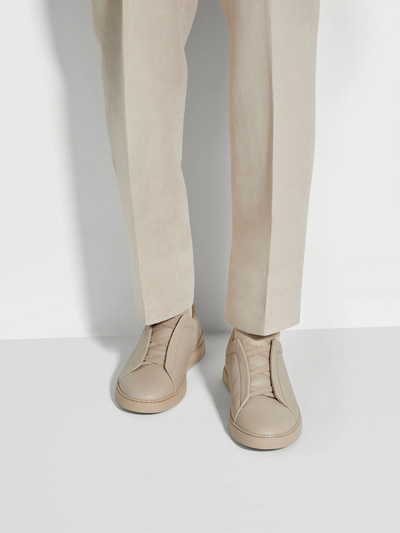 Zegna Triple Stitch Beige Leather Sneakers