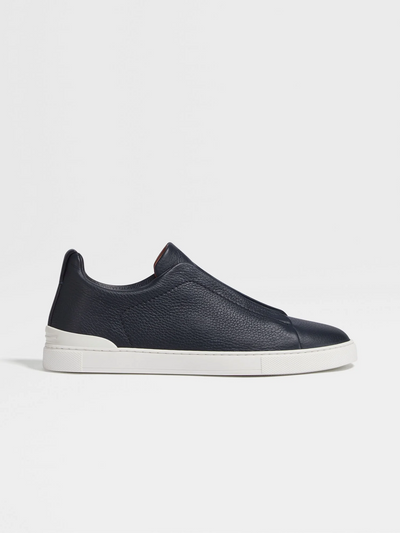 Zegna Triple Stitch Navy Blue Leather Sneakers