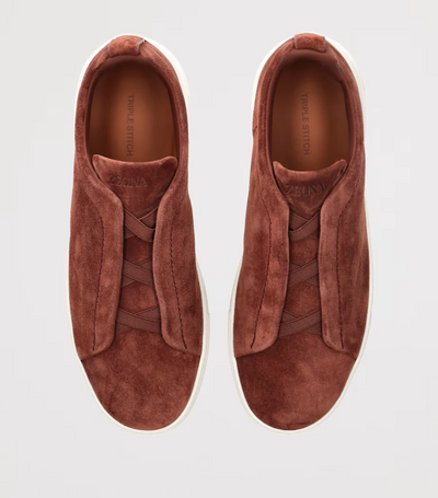 Zegna Triple Stitch Rust Brown Suede Sneakers